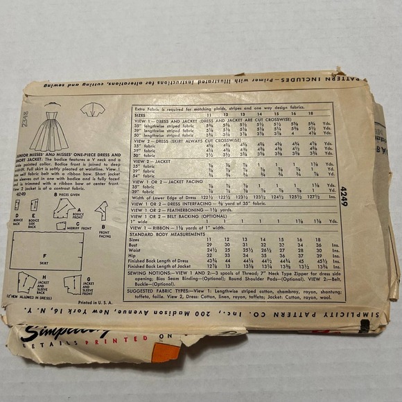 Simplicity Vintage 1950's Pattern  #4249 Misses Halter Dress and Jacket Size 16 - Picture 6 of 8